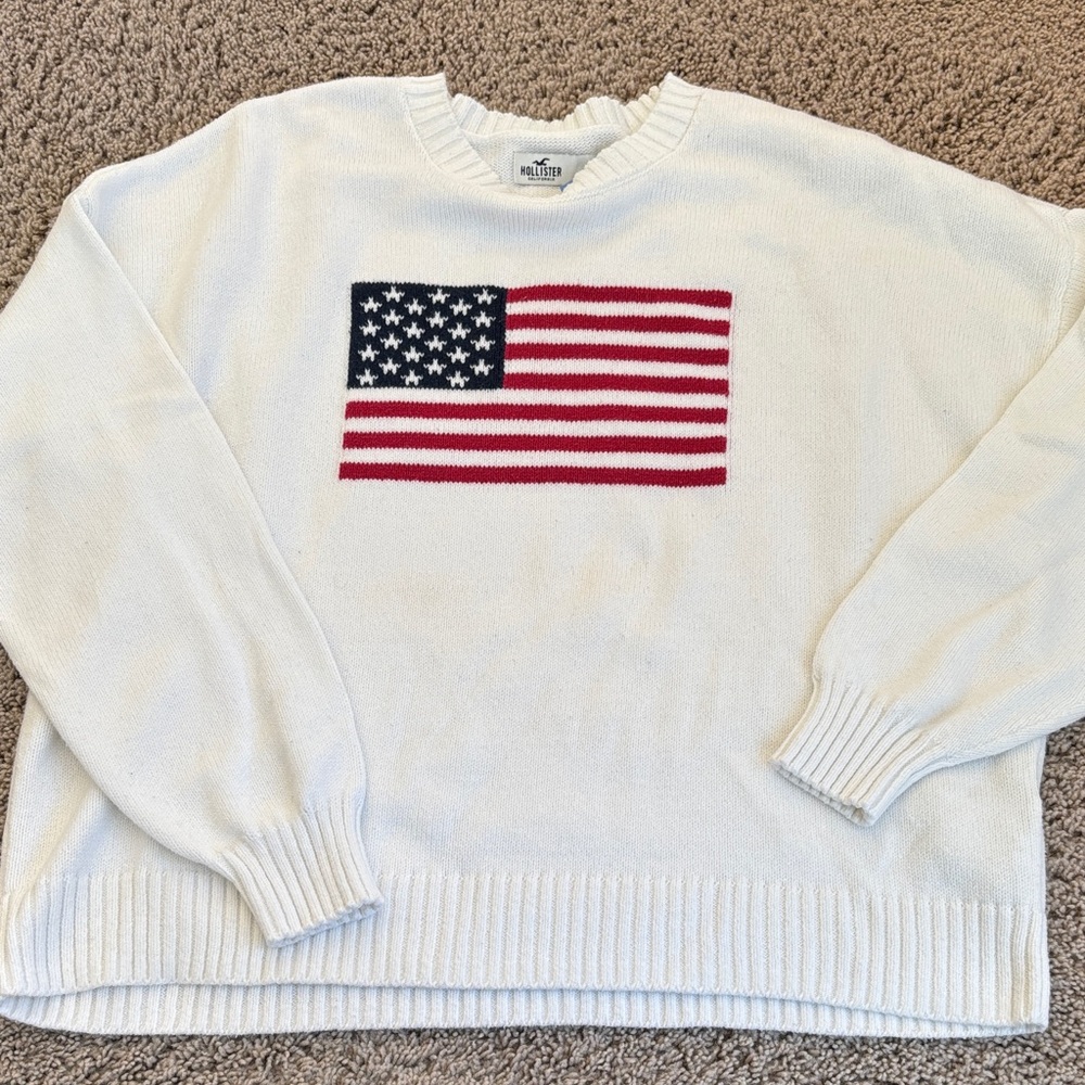 White Hollister Sweater with American Flag Design